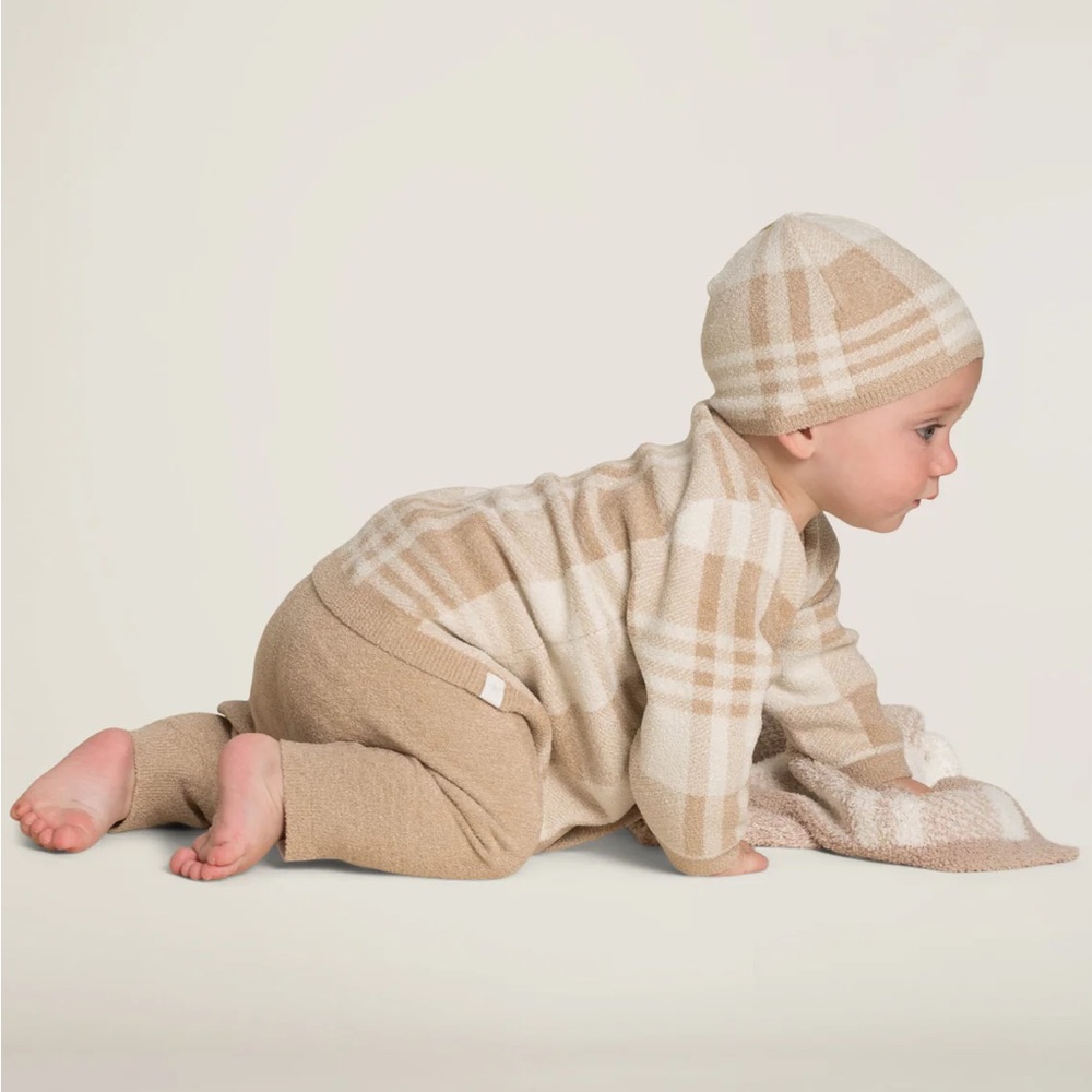 Barefoot Dreams CozyChic Plaid Baby cardigan & hat cream/tan  6-12 Months - Picture 7 of 7